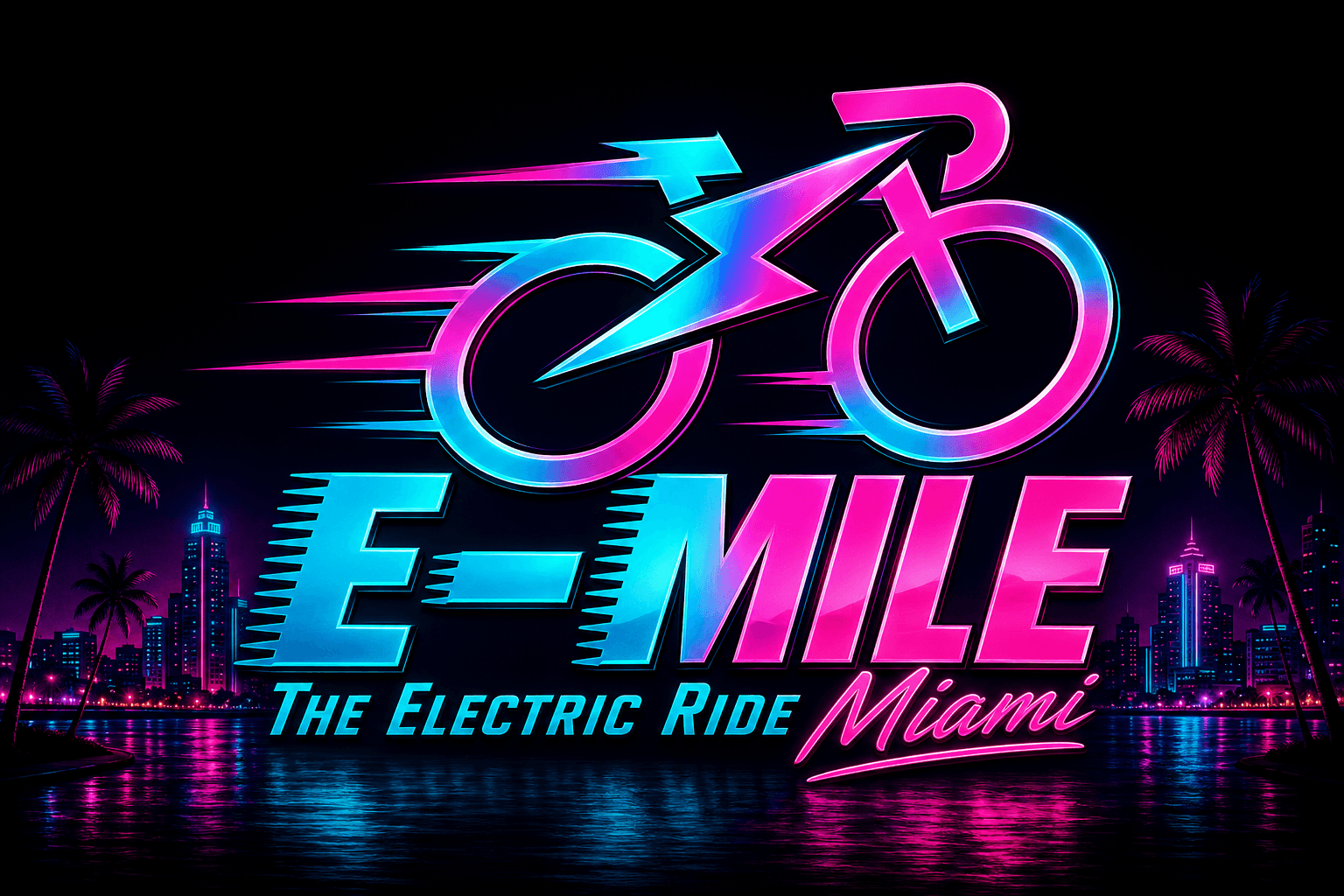 Neon pink and blue E-MILE logo with a bicycle icon over a Miami city skyline.