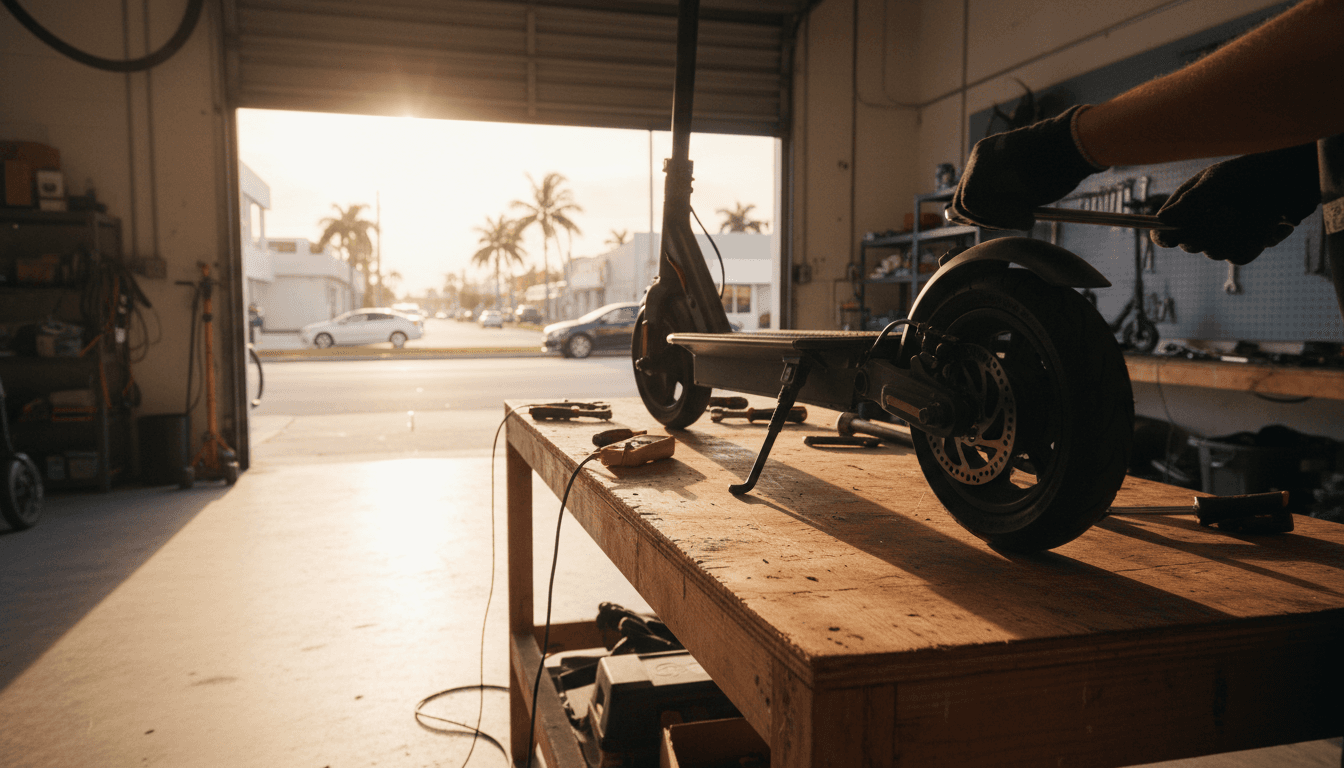 Electric scooter raised on a workbench in a downtown Miami repair shop with tools nearby