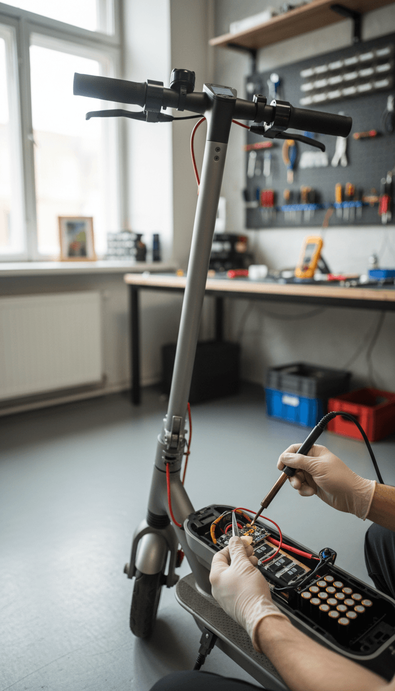 Technician repairing an electric scooter battery in a workshop