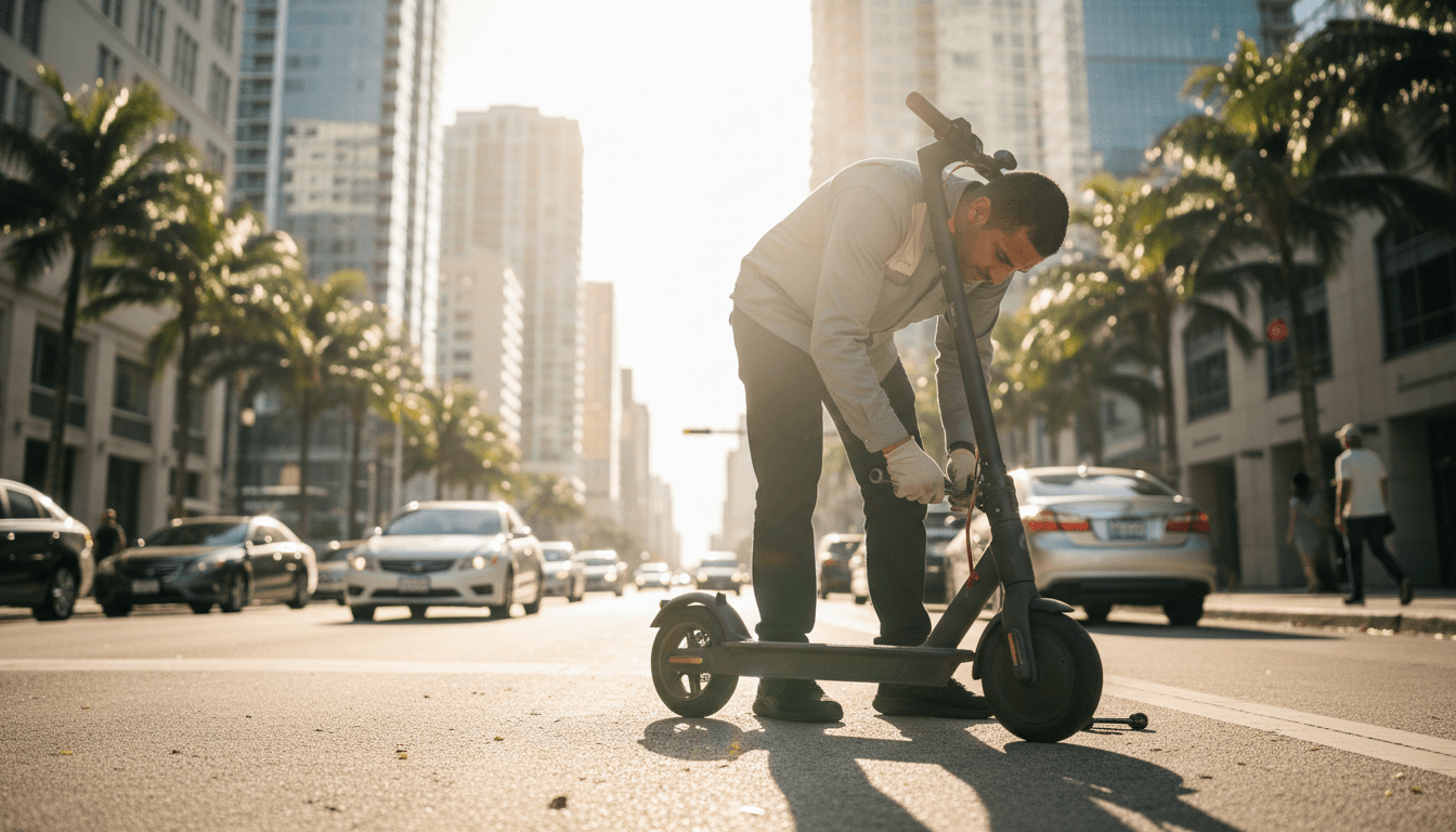 Technician repairing an electric scooter in downtown Miami