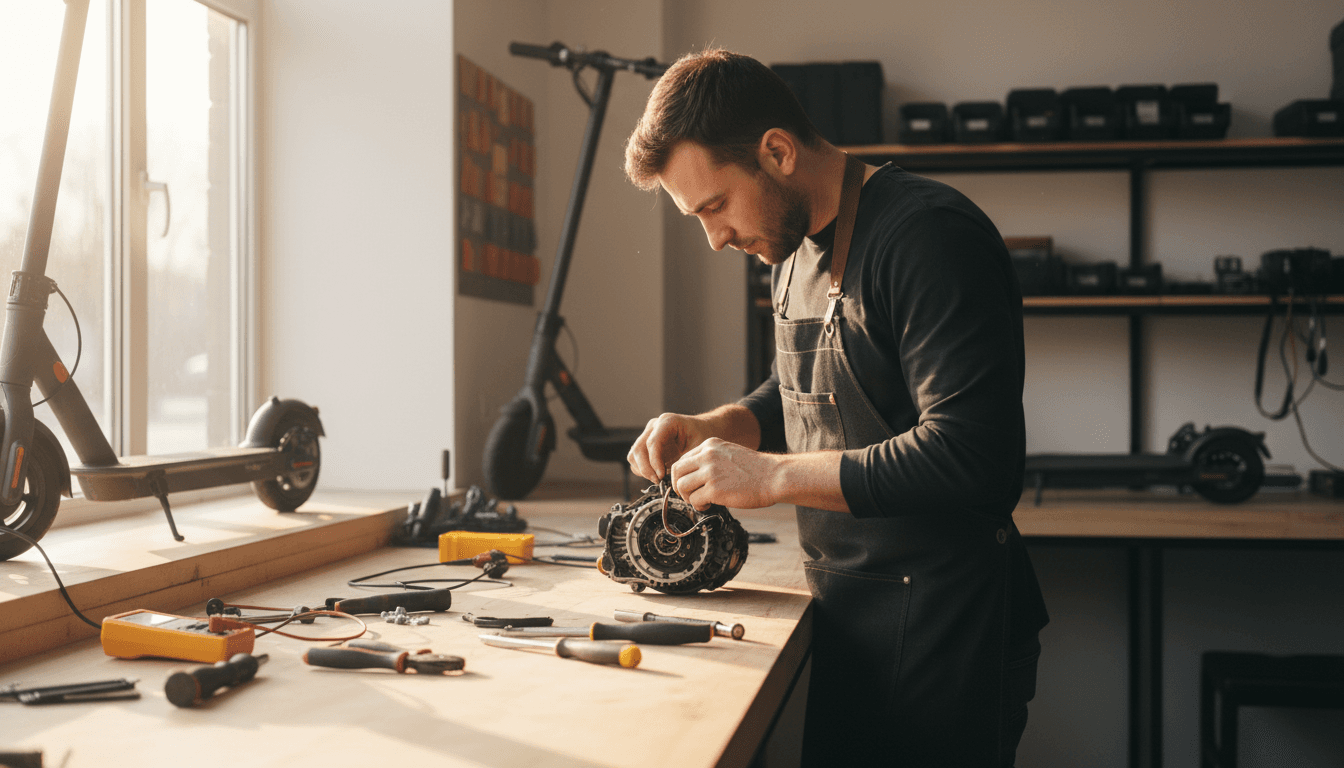 Technician repairing an electric bike motor in a downtown Miami workshop